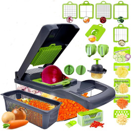 Багатофункціональний набір для нарізки овочів 22-в-1: спіралізатор, тертка, нарізач цибулі, картоплі та фруктів. З контейнером 1.2л та дренажним кошиком (сірий)