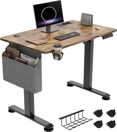 Електричне регулювання висоти. Письмовий стіл, 2 USB, розетки, 120x60x(72-120) см, зрощувальна дошка, підставка для рук з пам'яттю, сидячий/стоячий стіл, коліщатка на 360, (100x60x120см, вінтажний коричневий)