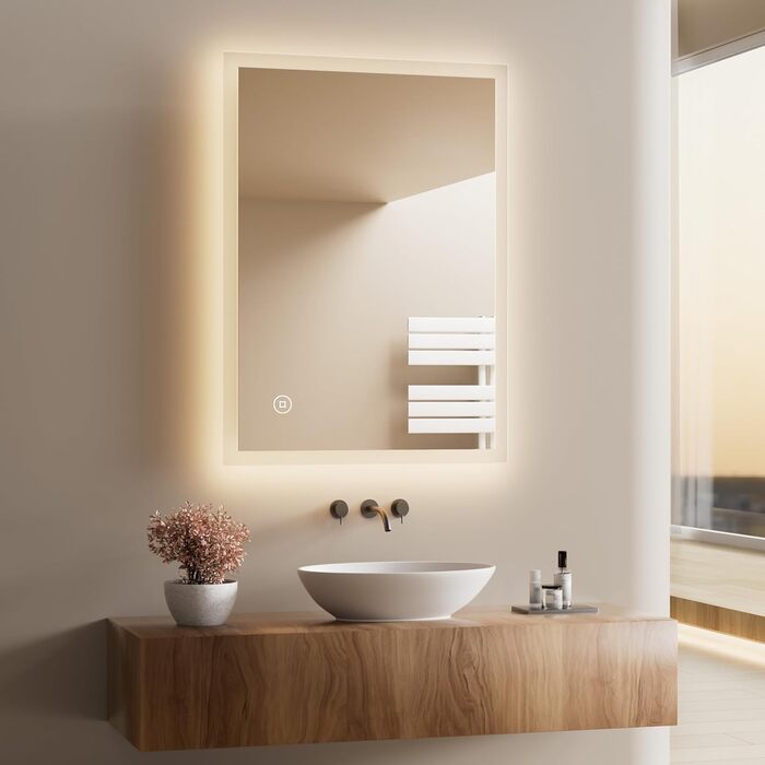 Дзеркало для ванної кімнати з підсвічуванням LED 80x60 см, регульоване, з протитуманним покриттям, вертикальна/горизонтальна установка, 3 кольори світла (3000K/4000K/6500K)