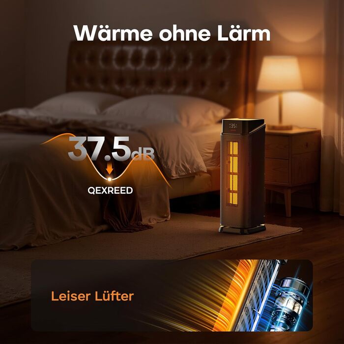 Електричний обігрівач QEXREED 2000W з PTC, 4 режими, ECO, осциляція 90°, таймер 24г, пульт, тихий, захист від перегріву та перекидання