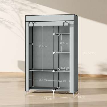 HOMCOM шафа для одягу, тканинна шафа, 6 відділень, сіра, 103x43x162,5 см, складана шафа для одягу з виглядом з флісу | Aosom
