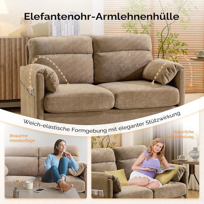 Диван Bonnlo 2-місний, компактний, 125 см, тканинний, з м'якими підлокітниками, для офісу, вітальні, спальні, кабінету, легка збірка, льон, коричневий