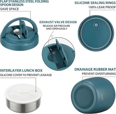 Термоконтейнер для їжі Itslife 970 мл, термоконтейнер з кришкою, з нержавіючої сталі з ложкою, термотермос для їжі, ланч-бокс для супів, дитячого харчування, каші (зелений, світло-блакитний)