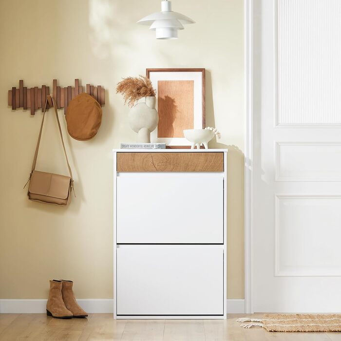 SoBuy Взуттєва шафа з 2 відкидними дверцятами, полиці та ящик, білий, 61x100x26 см, FSR165-W