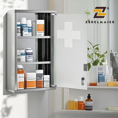 Медичний шкаф Zedelmaier з нержавіючої сталі, 4 відділення, аптечний, для ванної кімнати, з можливістю підвішування, закривається на замок, 57 x 27 x 12 см, білий