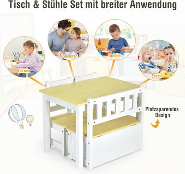 Дитяча меблева група COSTWAY з місцем для зберігання: стіл для малювання з 2 стільцями та лавка. Зроблено з екологічного дерева FSC, для дітей від 3 років (сірий/натуральний колір)