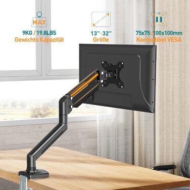 Кріплення для монітора ELIVED EV004W - підходить для моніторів 13-32 дюймів, до 9 кг, VESA 75/100mm, газ-амортизатор, регулювання висоти, нахил, поворот, білий