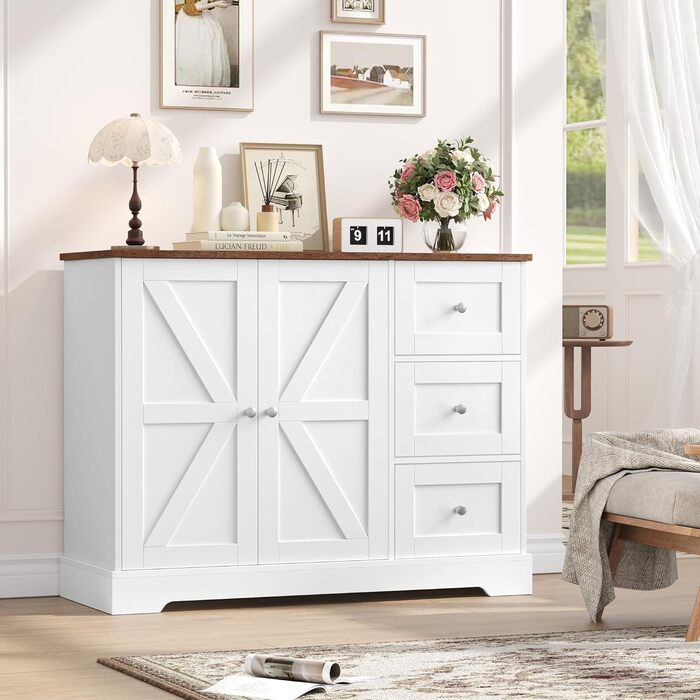 HOCSOK Комод-буфет з 3 шухлядами та 2 дверцятами, білий та коричневий, для кухні, вітальні, їдальні