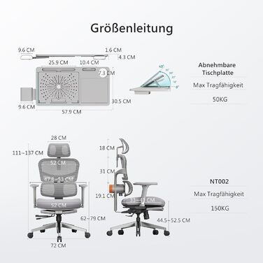 Офісне крісло Newtral Ergonomic NT002 з регульованою підголівником та підлокітниками (сірий), знімний стіл
