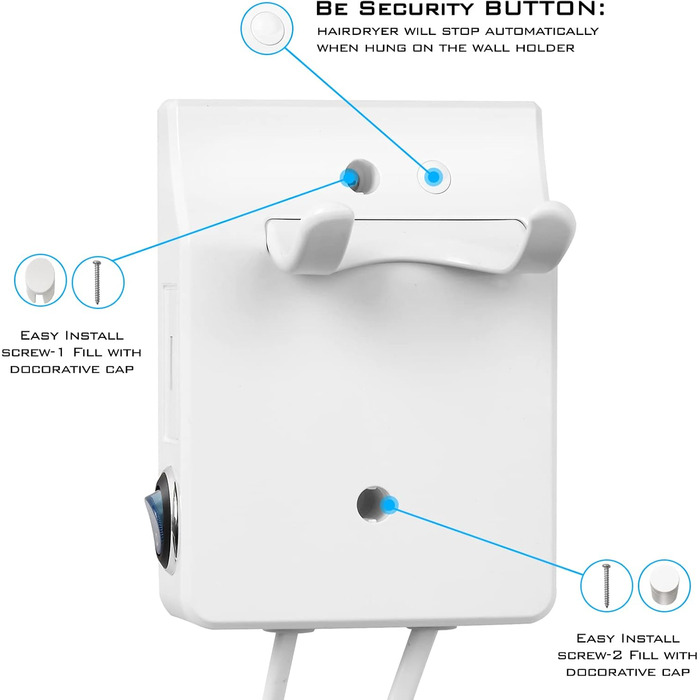 Фен QL Ion з настінним кріпленням і USB, ThermoProtect 2000 Вт, для готелів/дому, білий