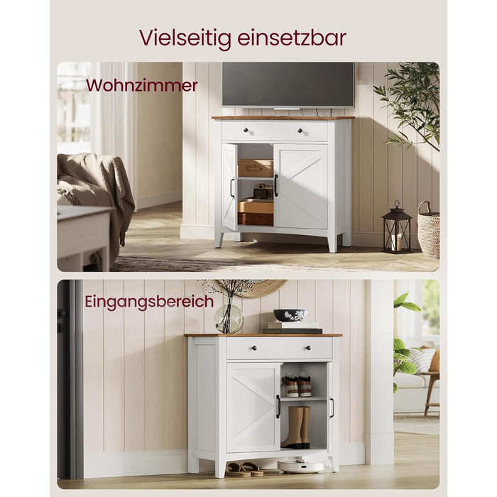 Шафа VASAGLE для кухні, комод, шафа для зберігання з ящиками та дверцятами, регульована полиця, стиль кантрі, для вітальні, кухні, їдальні, 40 x 140 x 80 см, вінтажний білий + медовий колір, BBK381W02