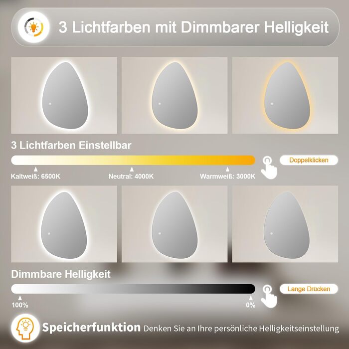 Дзеркало для ванної кімнати Badspiegel 70x50см з підсвічуванням 3 кольори, сенсорний вимикач, прямокутне, для ванної/вітальні, енергоклас A++ (65 x 90 см)