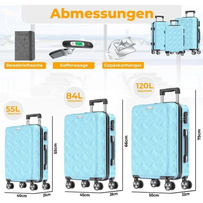 Набір дорожніх валіз KESSER з 3 предметів, ABS пластик, жорсткий корпус, кодовий замок, ваги для багажу та дорожній гаманець, колеса 360°, Sky Blue