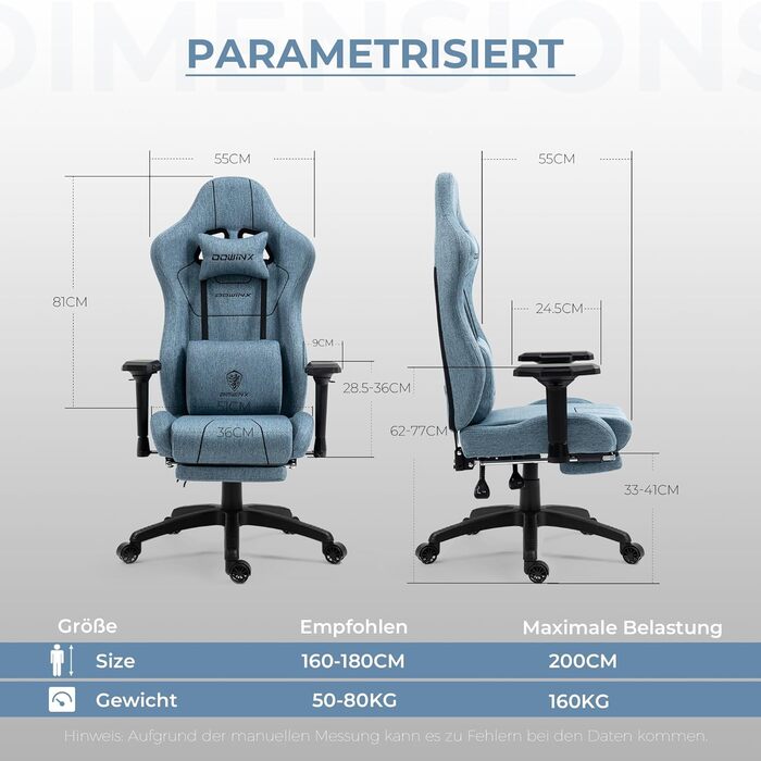 Ігрове крісло Dowinx Тканина, Ергономічне з масажем, Офісне крісло ПК XXL, Синій, Підставки для ніг