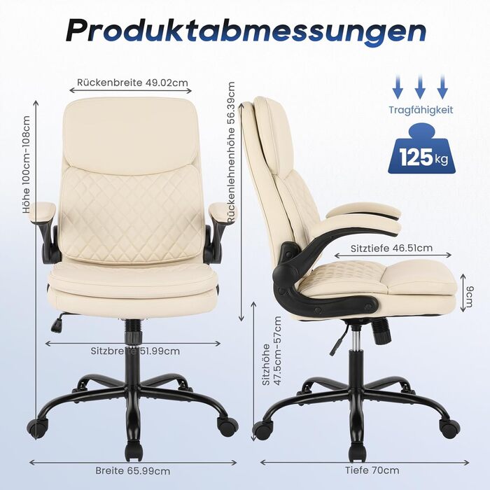 Офісний крісло Colamy: ергономічний, з високою спинкою, регульовані підлокітники, шкіряне покриття (слонова кістка)