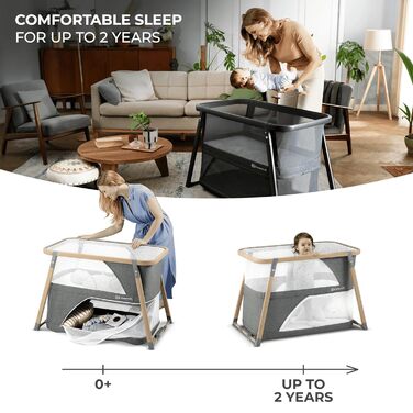 Дитяче ліжко-манеж Kinderkraft SOFI 4 в 1 - сірий, манеж для малюків, туристичне ліжко, ліжко з бічними бортиками, функція бігуна, сучасний дизайн, компактний у складеному стані