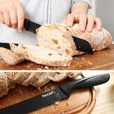 Набір кухонних ножів Hecef 15 предметів з бруском, чорний колір, антипригарне покриття, безпечний для миття в посудомийній машині, самозаточуваний брусок, ергономічні ручки, набір ножів для кухні для початківців та любителів готування (6 шт)