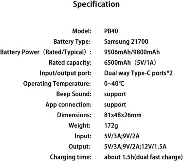 Портативний зарядний пристрій, сумісний з iPhone/iPad/планшетами, 10000mAh PB40, 18W USB-C PD