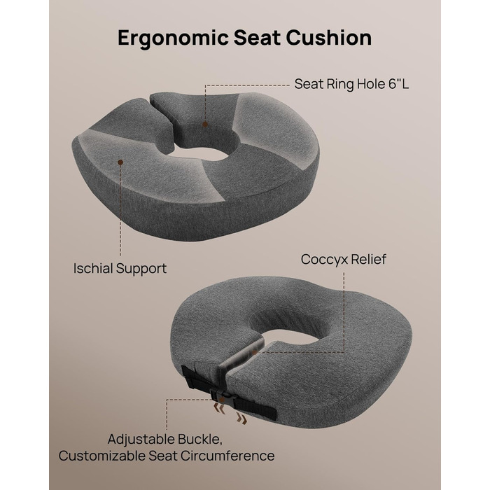 Ортопедична подушка-кільце Feagar: регульований ергономічний сидінець-пончик від геморою та ішіасу, для копчика, післяпологовий (Сірий, стандарт 60-100 кг) для авто, офісного крісла та візків