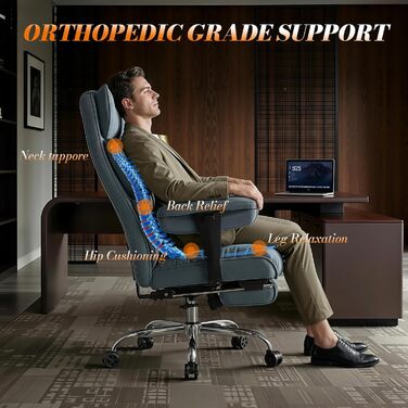 Ергономічний офісний стілець Efomao XXL до 200 кг, блакитний: крісло для важких користувачів з підставкою для ніг та товстим м'яким сидінням