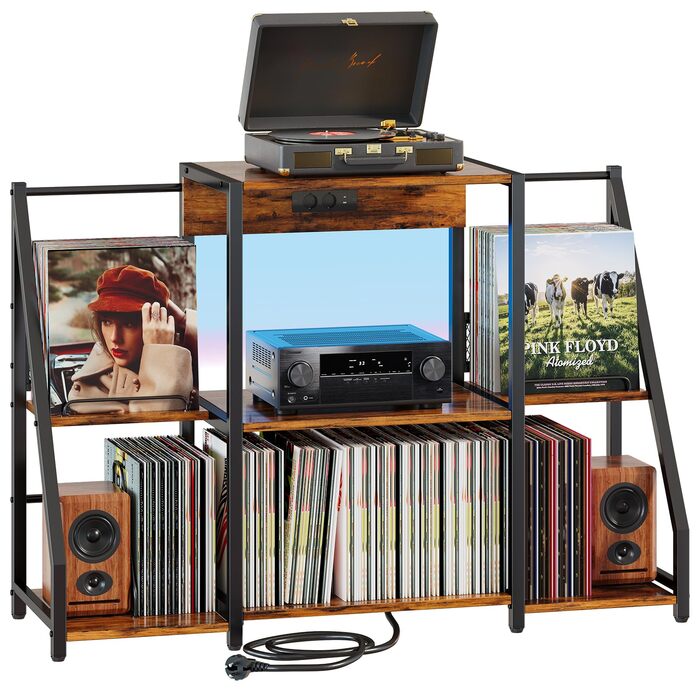 Підставка для програвача вінтаж велика з розеткою та LED-підсвіткою, тримач для платів, полиця для вінілу на 300 альбомів, для вітальні, спальні