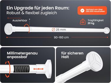 Телескопічна штанга для кріплення 260-310 см, Ø 25 мм, багатофункціональна штанга без свердління - для штор, душових завіс, ванної кімнати та балкону (90-160 см, біла)