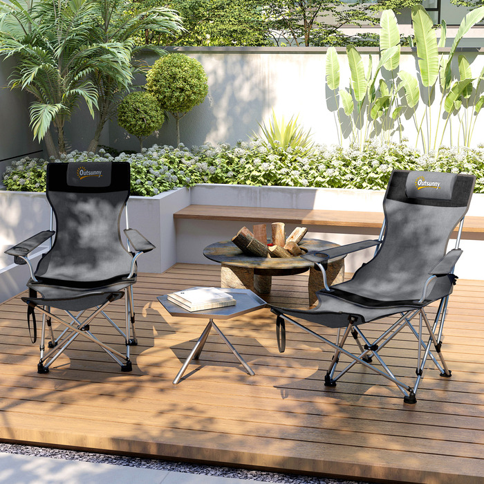 Набір з 2-х складаних туристичних стільців для кемпінгу та риболовлі з знімною підніжкою та тримачем для напоїв, витримує до 120 кг, сірий