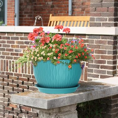 Великі горщики для квітів 3 шт. (12+10+9 дюймів), 30.5x25.4x25.4x22.9 см, для дому та саду, з водозливними отворами, блакитно-зелені, з ефектом хвилі, міцний пластик