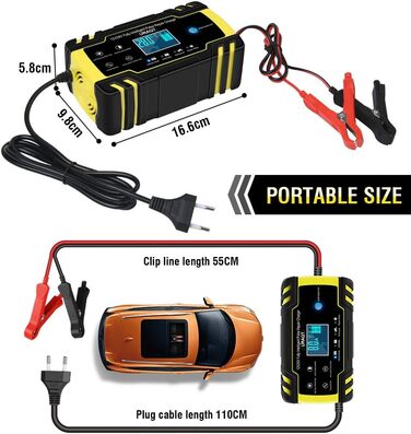 Зарядний пристрій для акумулятора URAQT 8A: 12V/24V, розумна автоматична зарядка для авто, LCD дисплей, режим ремонту, захист, для авто, вантажівок, газонокосарок, човнів