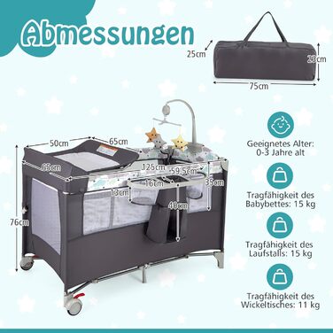 Дитяче ліжко-манежа Dreamade 120 x 60 см з колесами, 4 в 1: ліжко, манежа, пеленальний столик, туристичне ліжко для новонароджених (Сірий)