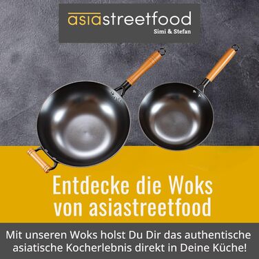 Азіатський вок Ø 33 см - міцний вуглецевий сталевий вок з плоским дном, дерев'яний ручка, підходить для газових, індукційних плит та керамічних поверхонь - не потребує обпалювання для приготування азіатських страв