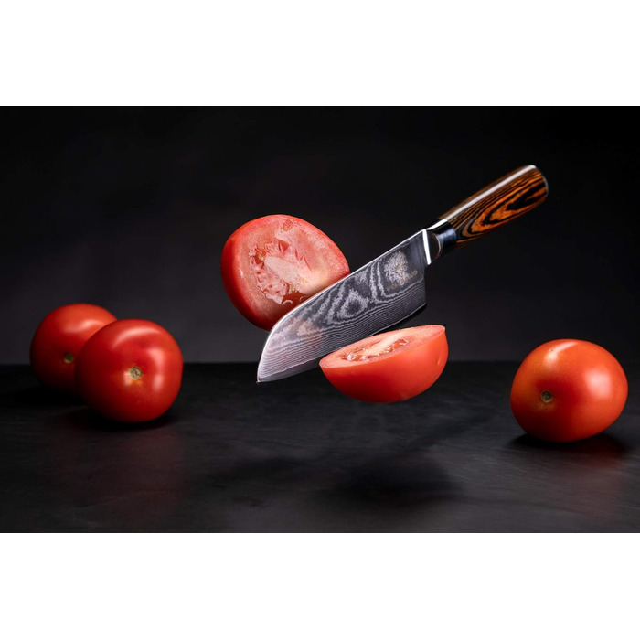 Ніж Santoku Wolfblood з дамаської сталі 67 шарів (24 см) - професійний кухонний ніж з дерев'яною ручкою, подарункова коробка та захист леза