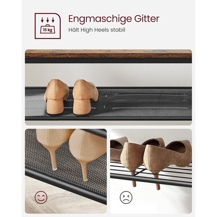 Дзеркало-вішалка VASAGLE HSR415B01 з банкеткою, полицею для взуття, гачками, 35 x 98 x 180 см, для прихожей, спальні, вітальні, індустріальний стиль, вінтажний коричневий + чорний