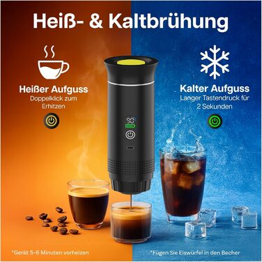 Портативна кавомашина MMOBIEL: електрична еспресо-машина з підігрівом, USB-C, для кави в зернах та капсул – ідеальна для подорожей, кемпінгу, дому, офісу, авто (чорний)