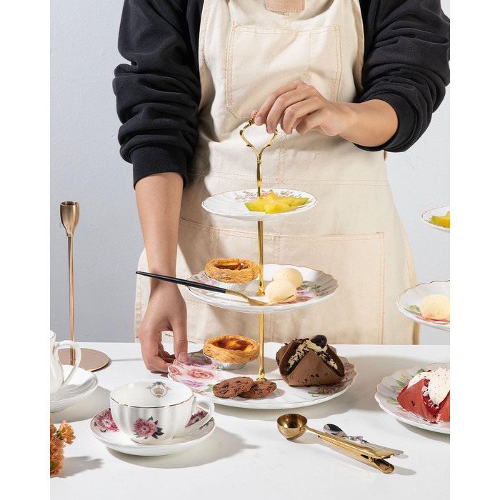 Стійка для тістечок Sweejar Home 3-ярусна керамічна, етажерка для тортів, десертів, капкейків, чаювання, сервірування їжі (свіжі квіти)