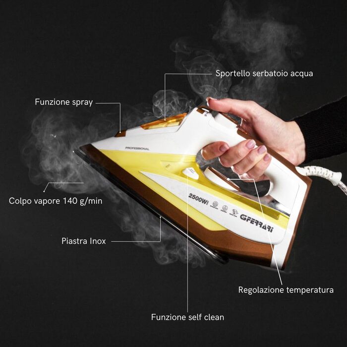 Праска з парою G3 Ferrari G40012: 2500 Вт, 300 мл, самоочищення, функція розпилення, нержавіюча підошва, 140 г/хв