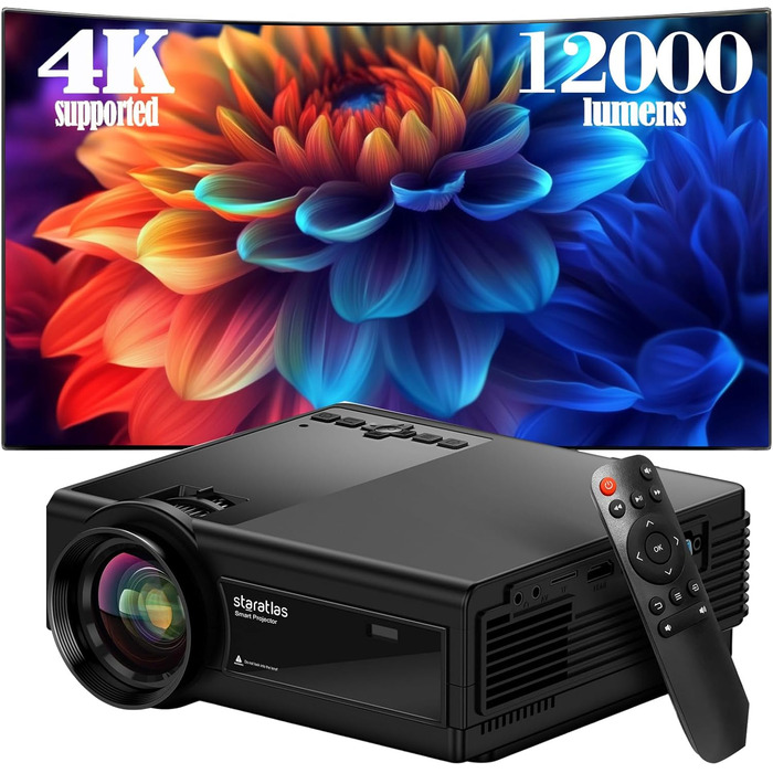 Staratlas Міні проєктор Full HD 1080P з Wi-Fi та Bluetooth, портативний для iPhone, 5G, Short Throw для домашнього кінотеатру, HDMI, USB, VGA, з динаміком