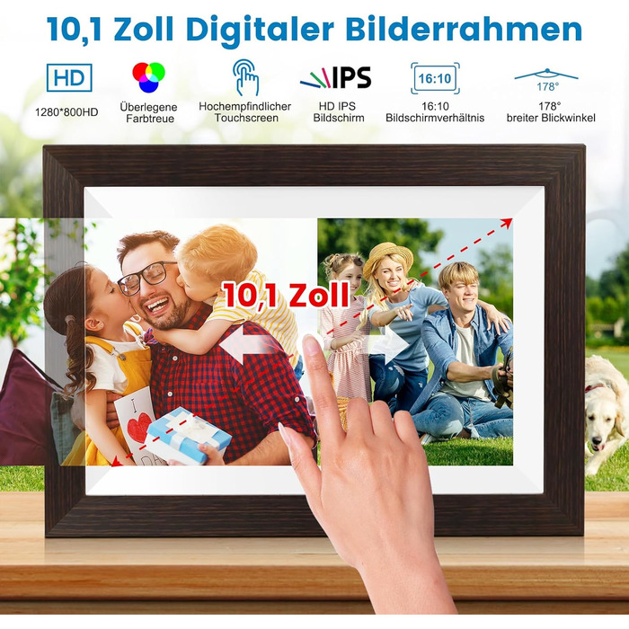 Цифровий фоторамка Mejasg 10.1 дюйма з Wi-Fi, 32GB, IPS сенсорний екран, автоповорот, для фото та відео, з дерева