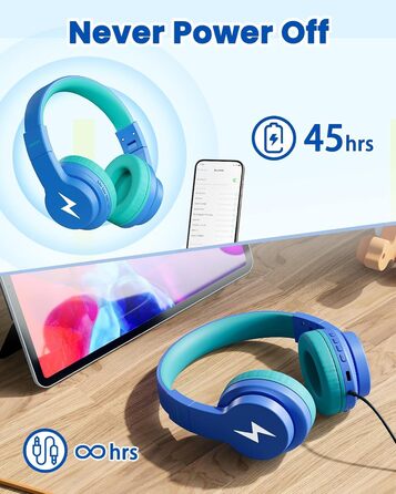 Дитячі навушники Bluetooth накладні, 85 дБ/94 дБ, 45 год, 3 режими, мікрофон, для мобільного телефону/планшета/школи (синій)