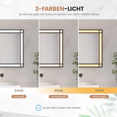 Дзеркало для ванної кімнати AQUABATOS LED з підсвічуванням 50x70 см, імітація вікна, сенсорне регулювання, регулювання яскравості, холодний білий, протизапотівання, чорний алюмінієвий каркас, декор у індустріальному стилі