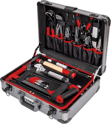 Набір інструментів STIER 144 предмети в алюмінієвому кейсі: викрутки, плоскогубці, ножиці, пилка та інше