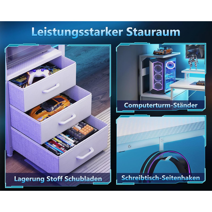 Ігровий стіл Coleshome з шухлядами, 151x50 см, з LED-підсвічуванням та розеткою, з полицями та підставкою для монітора (карбонове волокно)