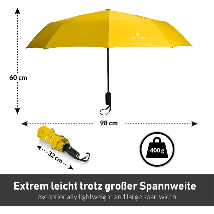Складна парасолька STYNGARD stormproof 140 км/год, відкрита до автомата, тефлонове покриття, коротка ручка, жовтий