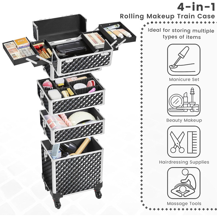 Ягетеч Косметичка-Тролі 4-в-1, Великий Косметичний Ящик для Макіяжу, Закривається на Замок, Багатофункціональний Ящик для Візажистів, Красота з Коліщатками та Висувною Шухлядою (Блискучий Чорний)
