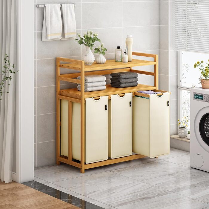 Кошик для білизни AdelDream 150L з 3 відділеннями, висувні полиці та знімний мішок для білизни, бамбуковий каркас, бежевий