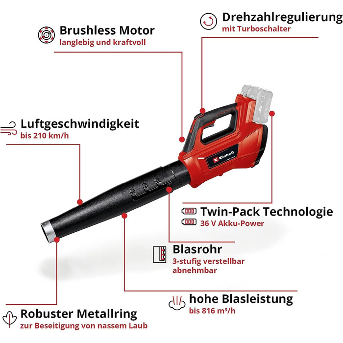 Einhell GP-LB 36/210 Li E-Solo: Акумуляторний повітродув Professional Power X-Change (без акумулятора та зарядного пристрою)