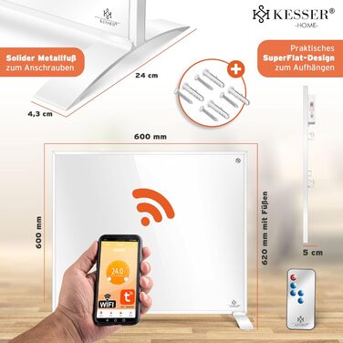 Інфрачервовий обігрівач KESSER® 350W: підлоговий/стінний, з пультом, термостатом та керуванням через додаток. Економія енергії, білий.