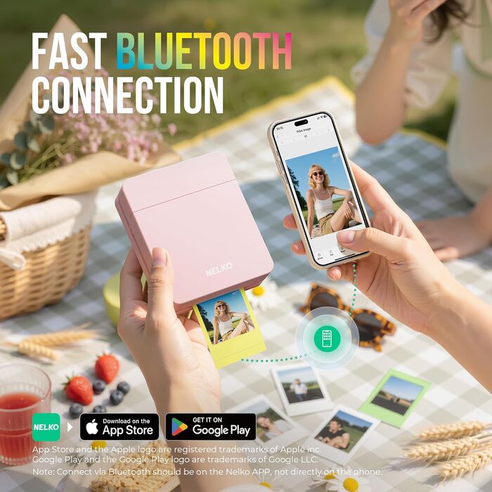 Портативний міні-фотопринтер Nelko PP01: кольоровий, для смартфонів iOS & Android, з 20 фотопапером, наклейки, рожевий