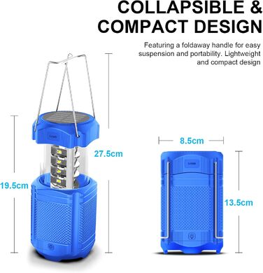 Світлодіодний кемпінговий ліхтар Сонячний портативний акумулятор 5000 мАг Акумуляторний з рукояткою, USB, гачком (синій)