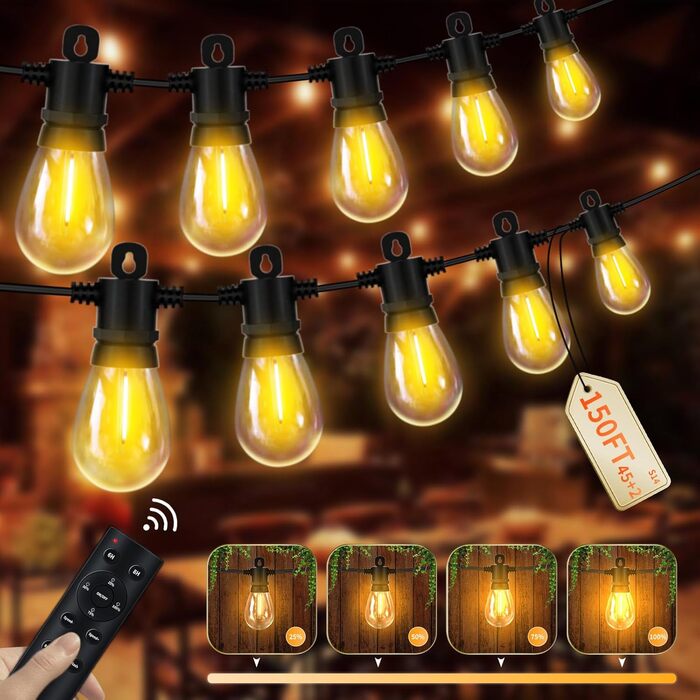 LED гірлянда для зовнішнього використання 30 метрів з пультом, S14, 100 футів, IP65, водонепроникна, 30+2 лампочки, для саду, тераси, балкону, двору, тепле біле світло (2700k, 45 м)